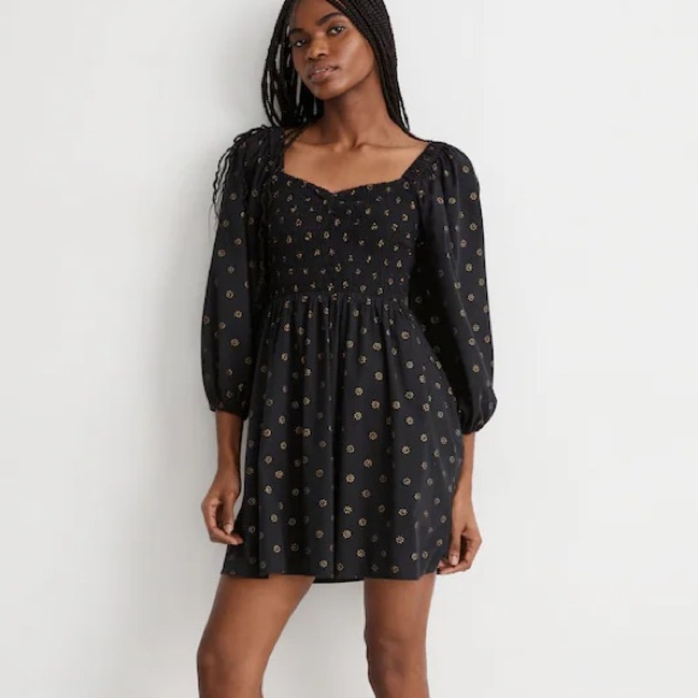 Madewell Lucie Sweetheart Mini Dress in Dot Daisies Black Gold Smocked Babydoll